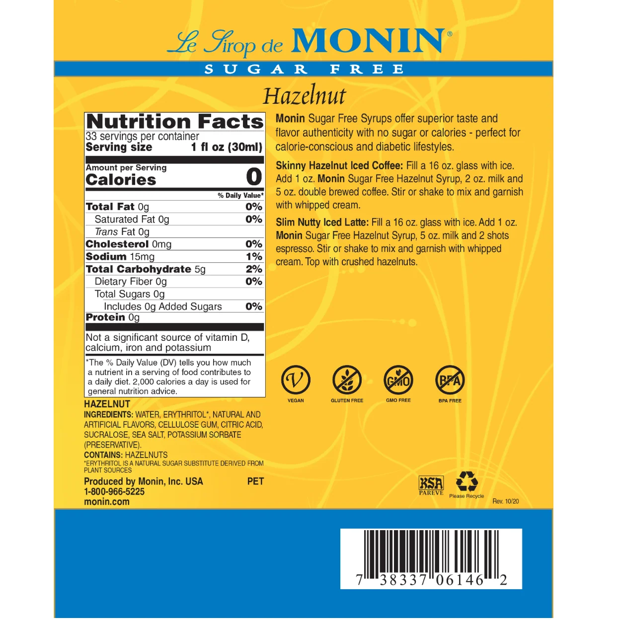 Monin Hazelnut Sugar Free Syrup - Image 2