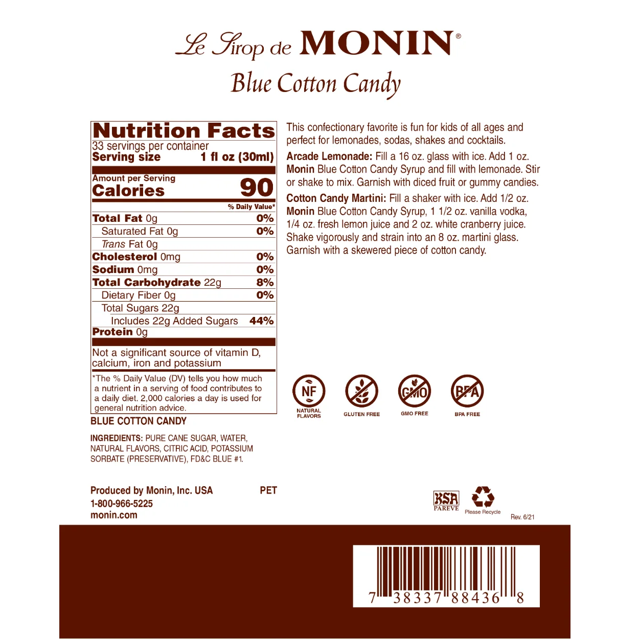 Monin Blue Cotton Candy Syrup - Image 2